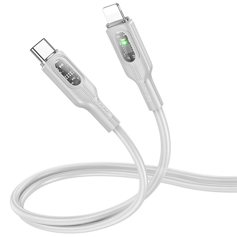 Дата кабель Hoco U120 Transparent explore intelligent power-off PD 27W Type-C to Lightning (1.2m) – Gray. Фото 2 з 5