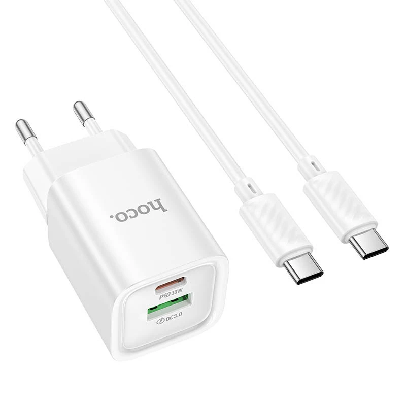 СЗУ Hoco C149A Charm PD30W+QC3.0 (1USB-A/1C) + кабель Type-C to Type-C – White. Фото 2 из 6