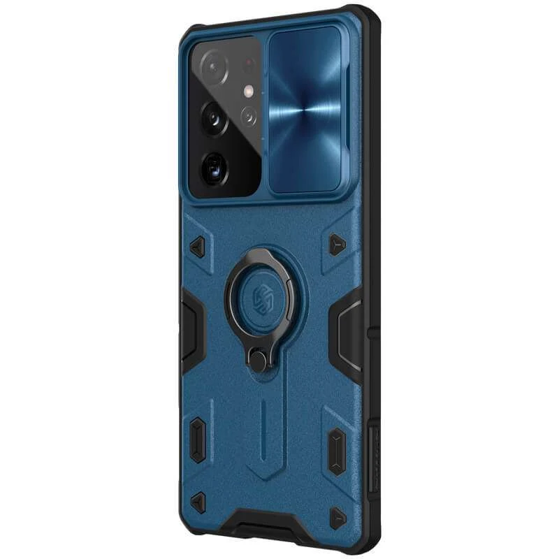 

Пластиковая накладка Nillkin Armor со шторкой для камеры и кольцом для Samsung Galaxy S21 Ultra (Синий), Синій