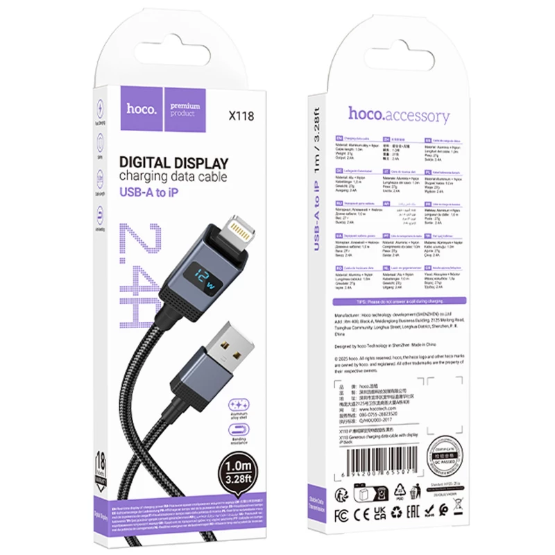 Дата кабель Hoco X118 Generous with display USB to Lightning 2.4A (1m) – Black. Фото 6 из 6