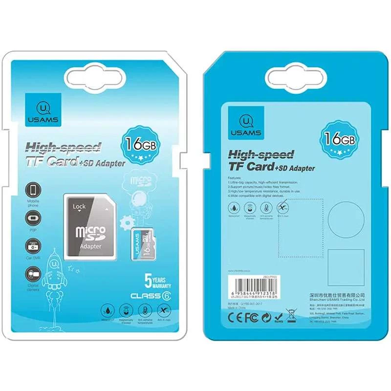 Карта пам'яті USAMS US-ZB117 TF High Speed Card 16 Gb + adapter – Blue. Фото 2 з 2