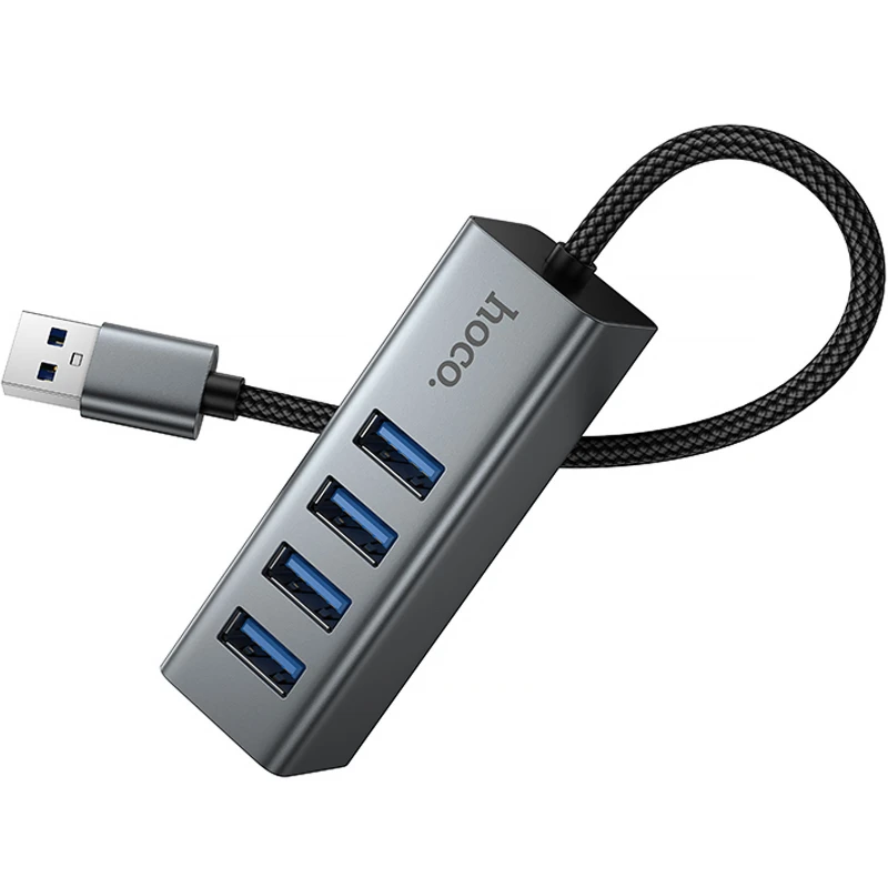 Переходник HUB Hoco HB1B 4in1 (USB to 4xUSB 3.0) (0.2m) – Metal gray. Фото 3 из 6