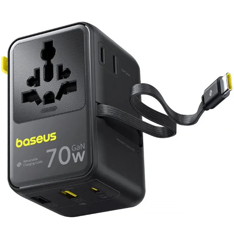 Мережевий універсальний перехідник Baseus CG11 70W with retractable cable (2USB-A/3C/1Socket) (E0307E) – Cosmic Black. Фото 3 з 3