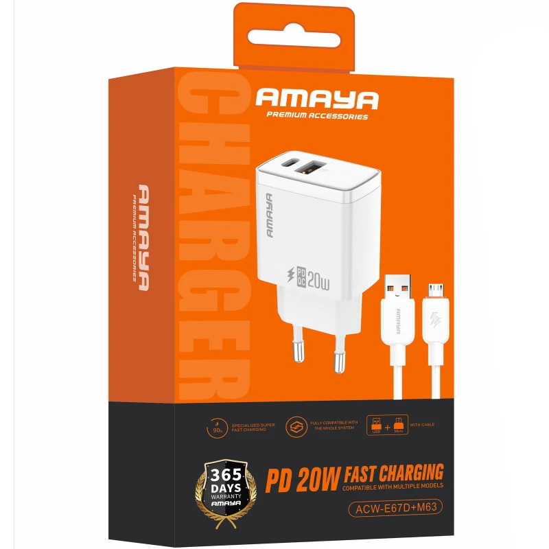 МЗП Amaya E67D PD20W+QC3.0 (1USB-A/1C) + кабель USB to MicroUSB – White. Фото 2 з 2