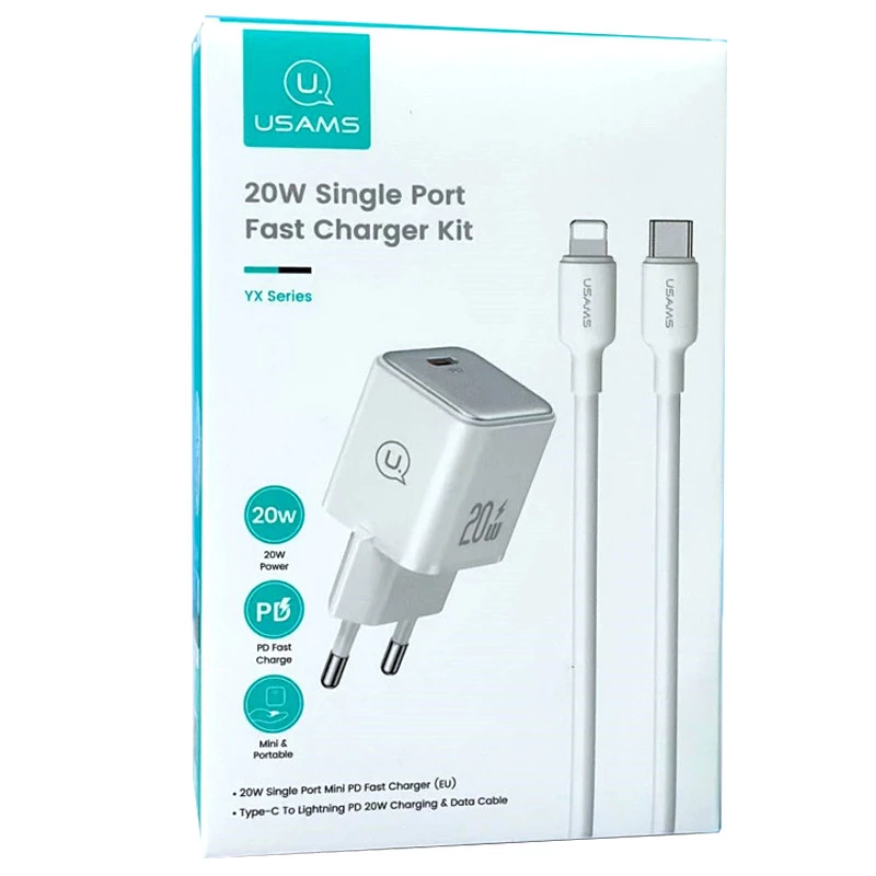 МЗП Usams US-CC183 PD30W 1C + US-SJ610 Type-C to Lightning PD YX Series – White. Фото 5 з 7