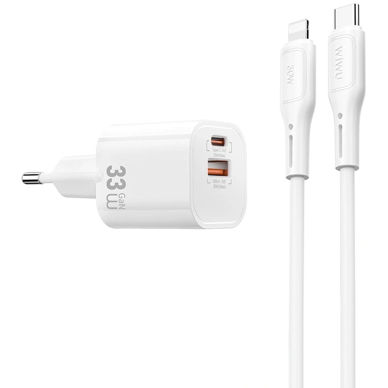 МЗП WIWU G018 Cube PD33W+QC3.0 GaN (1USB-A/1C) + кабель Type-C to Lightning фото 1 з 1