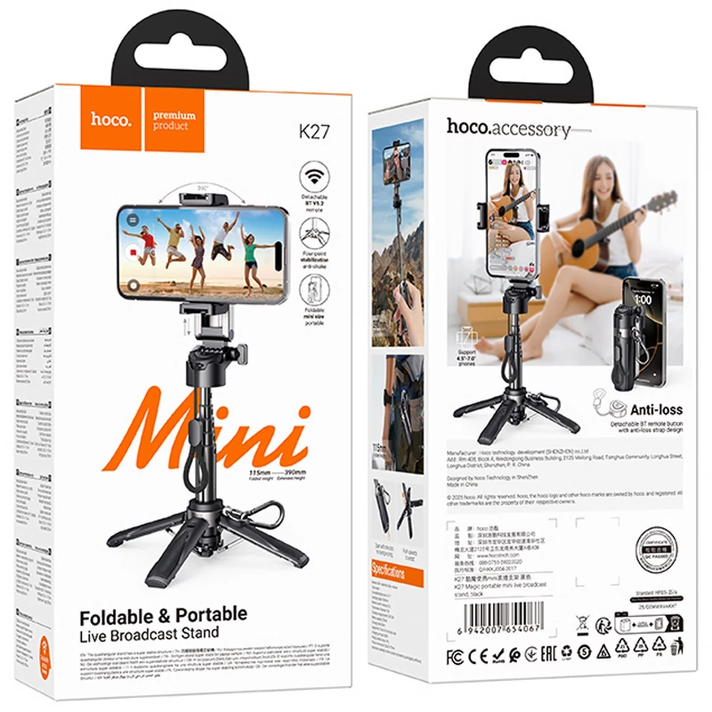 Монопод для селфи Hoco K27 Magic portable mini – Black. Фото 6 из 7