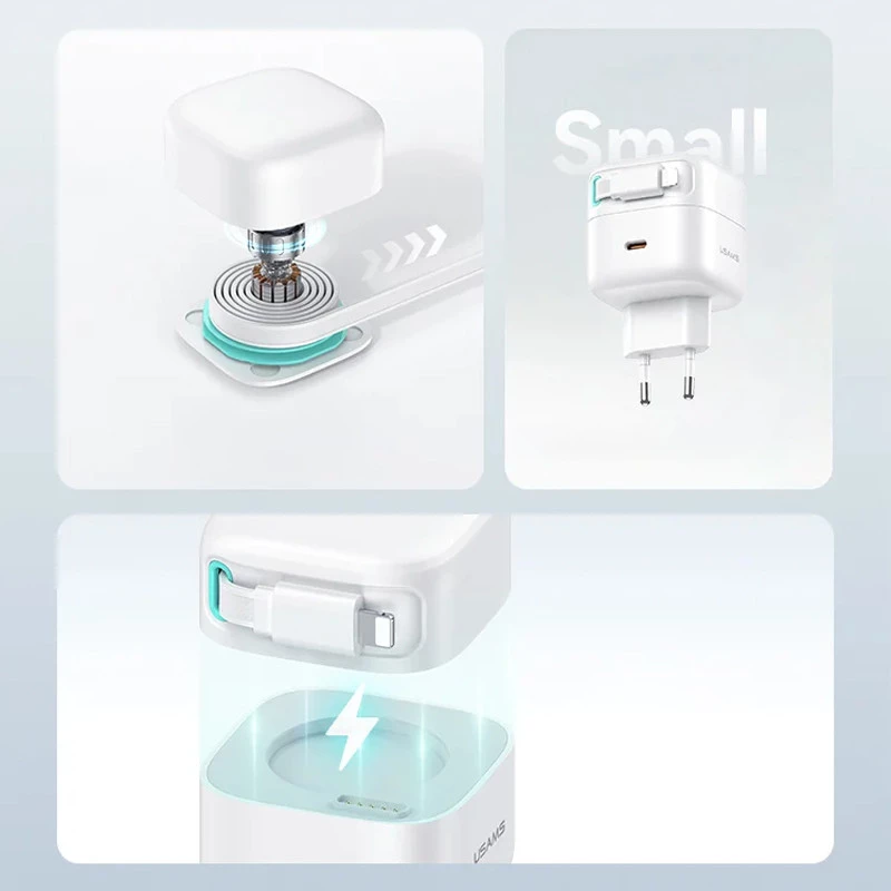 МЗП Usams US-CC209 GaN With Lightning Magnetic Retractable Cable Module XMF Ser. 35W (2USB-C) – White. Фото 5 з 7