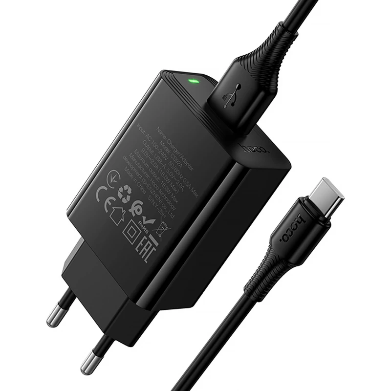 МЗП Hoco CS92A Leader 18W+QC3.0 (1USB-A) + кабель USB to Type-C – Black. Фото 4 з 7