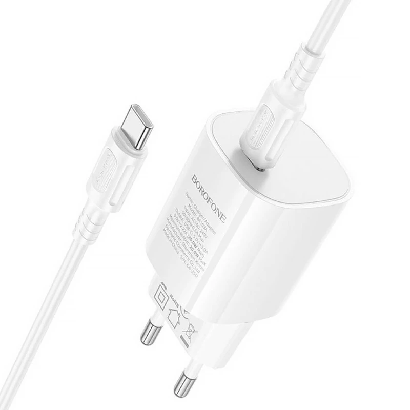 МЗП Borofone BA103A Pudding PD20W (1USB-C) + кабель Type-C to Type-C – White. Фото 2 з 6