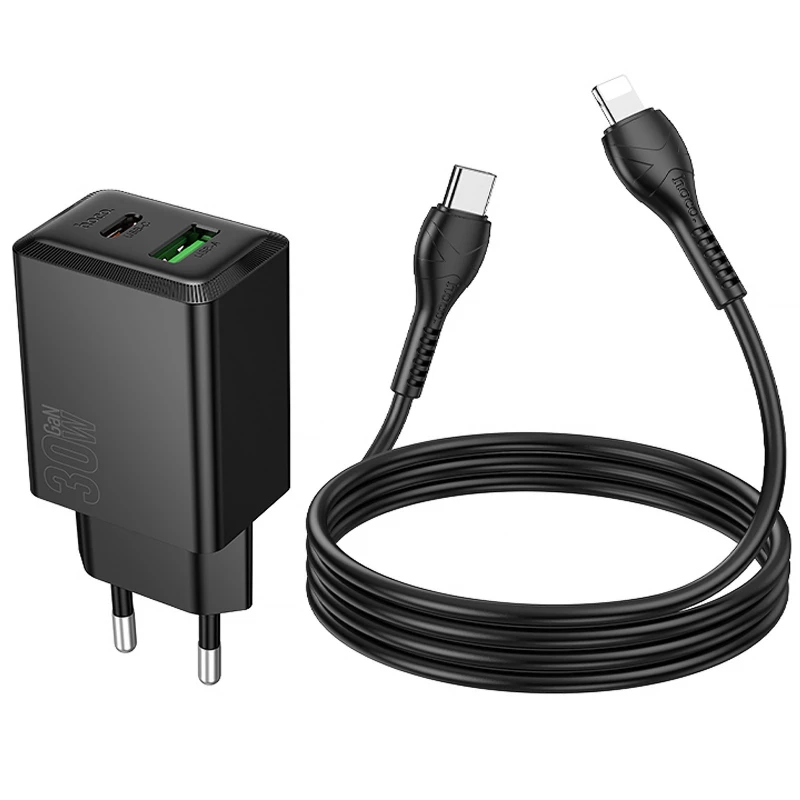 СЗУ Hoco N71 Nuevo PD30W+QC3.0 (1USB-A/1C) + кабель Type-C to Lightning – Black. Фото 5 из 5