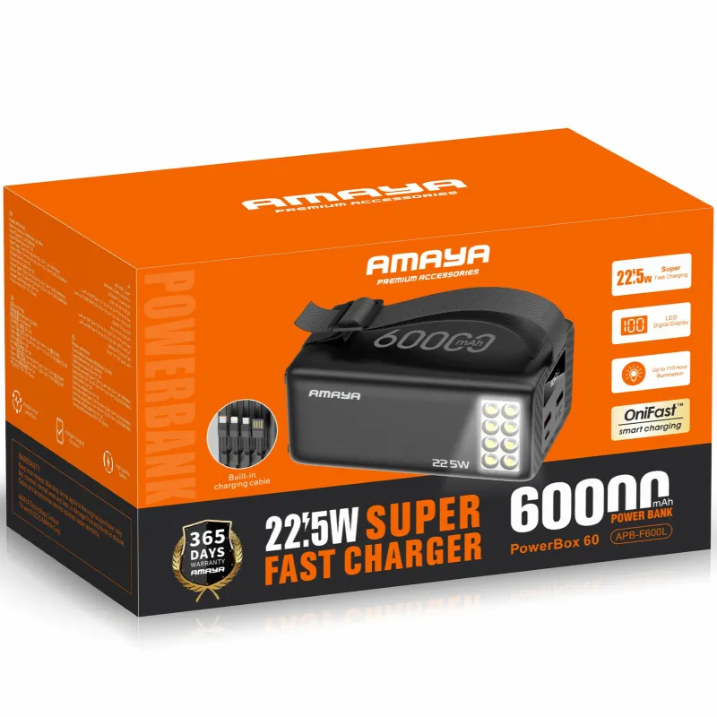 Портативное ЗУ Power Bank Amaya F600L PD22.5W flashlight 60000 mAh – Black. Фото 2 из 2
