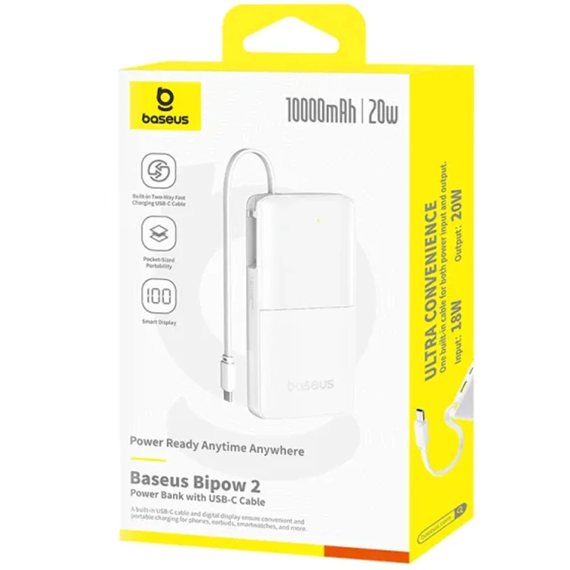 Портативное ЗУ Power Bank Baseus Bipow 2 Digital Display PD20W with cable 10000 mAh (P10077101113) – Moon White. Фото 5 из 6