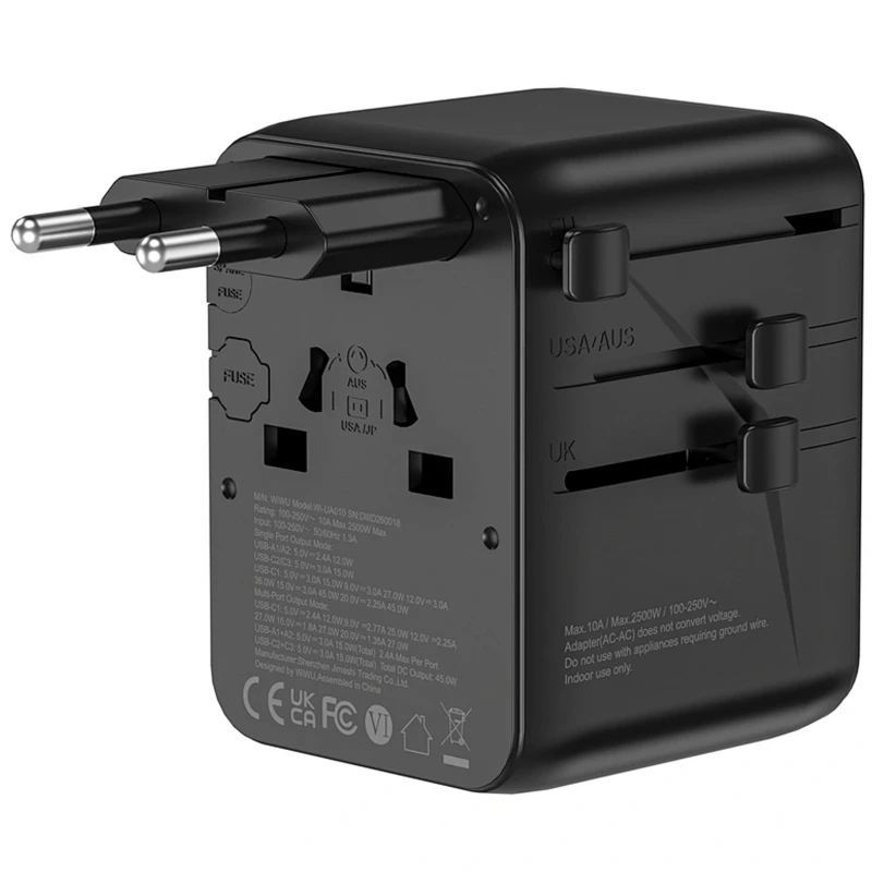 Мережевий універсальний перехідник WIWU UA010 Warrior GaN 45W + 2USB-A/3C – Black. Фото 2 з 6
