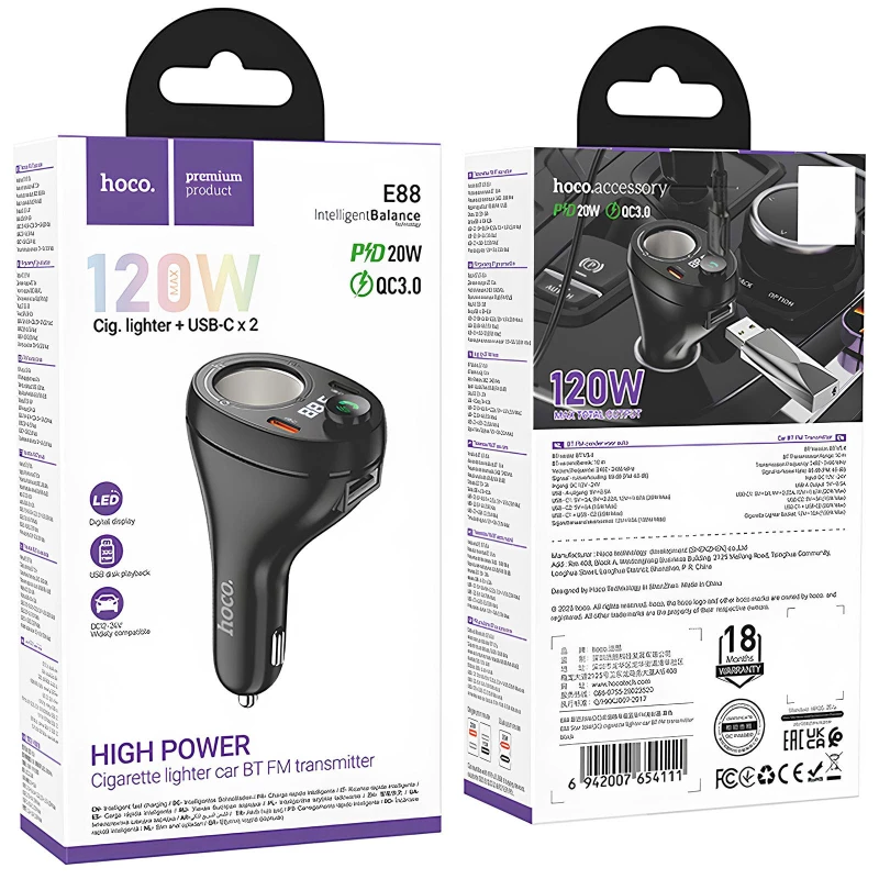 АЗУ FM модулятор Hoco E88 Star cigarette lighter 35W (2USB-C) – Black. Фото 6 из 6