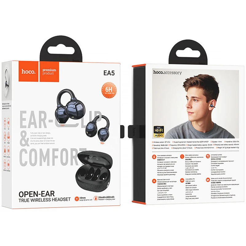 Бездротові TWS навушники Hoco EA5 Duke 3 clip-on – Black. Фото 3 з 3