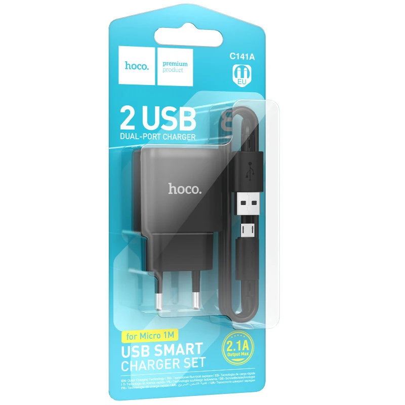 МЗП Hoco C141A Smart 2.1A (2USB-A) + кабель USB to MicroUSB – Black. Фото 2 з 5