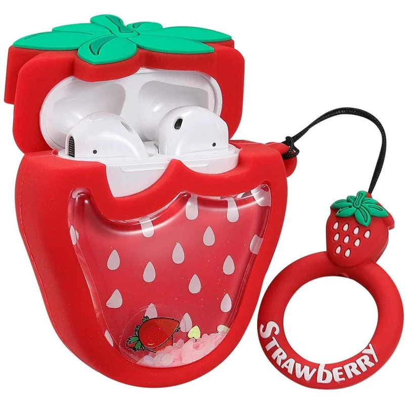 Силіконовий футляр Fruits series with Sparkles & Water для навушників AirPods 1/2 + кільце – Strawberry / Червоний. Фото 2 з 5