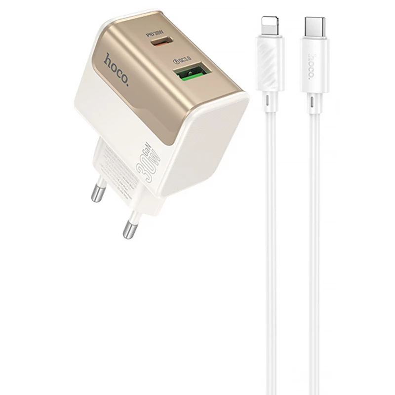 СЗУ Hoco CS73A Star Speed PD30W+QC3.0 (1USB-A/1C) + кабель Type-C to Lightning – White. Фото 1 из 4