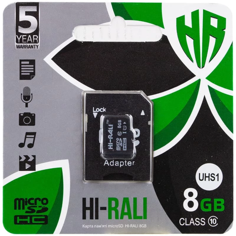 

Карта памяти Hi-Rali microSDHC 8 GB Card Class 4 + SD adapter (Черный), Чорний