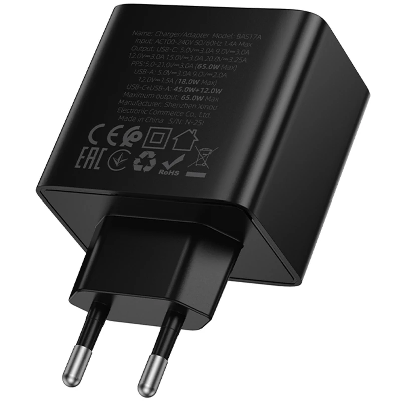 МЗП Borofone BAS17A Erudite PD65W+QC3.0 (1USB-A/1C) – Black. Фото 5 з 6
