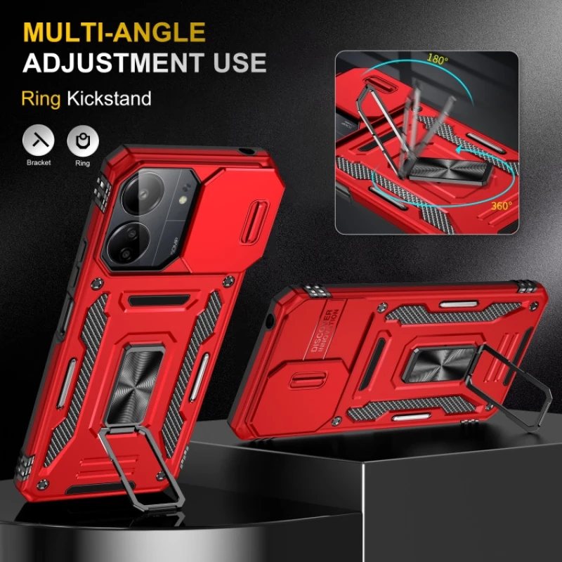 Ударостійкий чохол Square Ring зi шторкою на камеру на Xiaomi Poco C65 – Червоний / Red. Фото 4 з 7