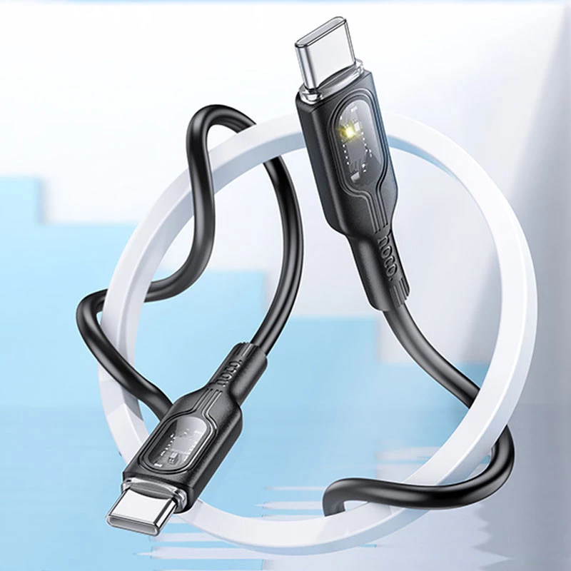 Дата кабель Hoco U120 Transparent explore intelligent power-off PD 60W Type-C to Type-C (1.2m) – Black. Фото 5 з 6