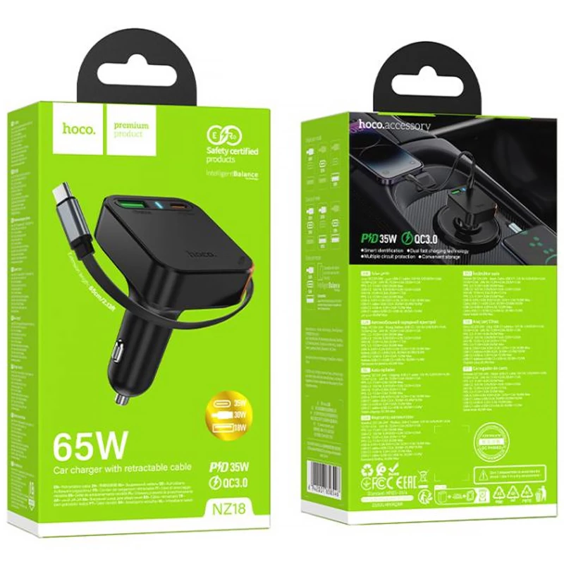 АЗУ Hoco NZ18 Guardian PD65W with retractable cable (1USB-A/2C) – Black. Фото 4 из 4