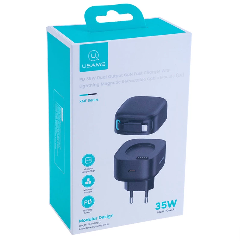 МЗП Usams US-CC209 GaN With Lightning Magnetic Retractable Cable Module XMF Ser. 35W (2USB-C) – Black. Фото 2 з 2