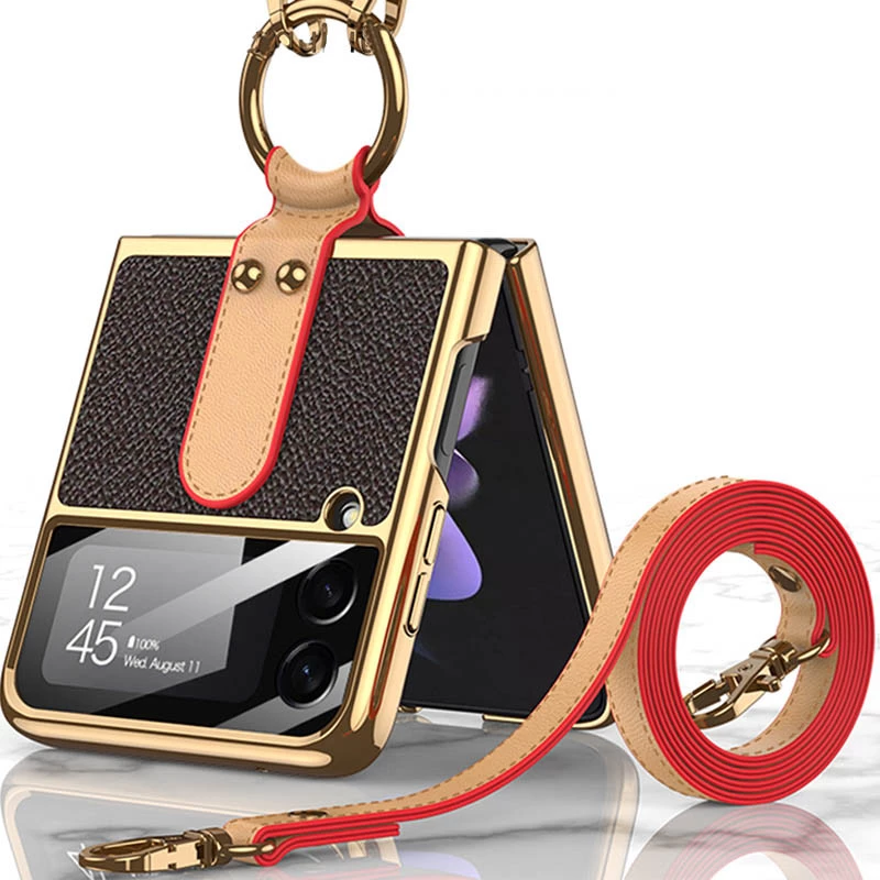 Шкіряний чохол GKK з кільцем та ланцюгом на Samsung Galaxy Z Flip4 – Brown. Фото 2 з 3