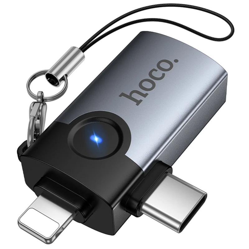 Переходник Hoco UA46D OTG 2in1 Lightning male/Type-C male to USB female – Metal gray. Фото 5 из 6