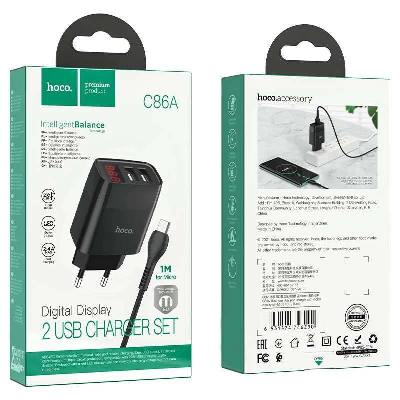 СЗУ HOCO C86A (2USB/2.4A) + MicroUSB – Черный. Фото 3 из 3