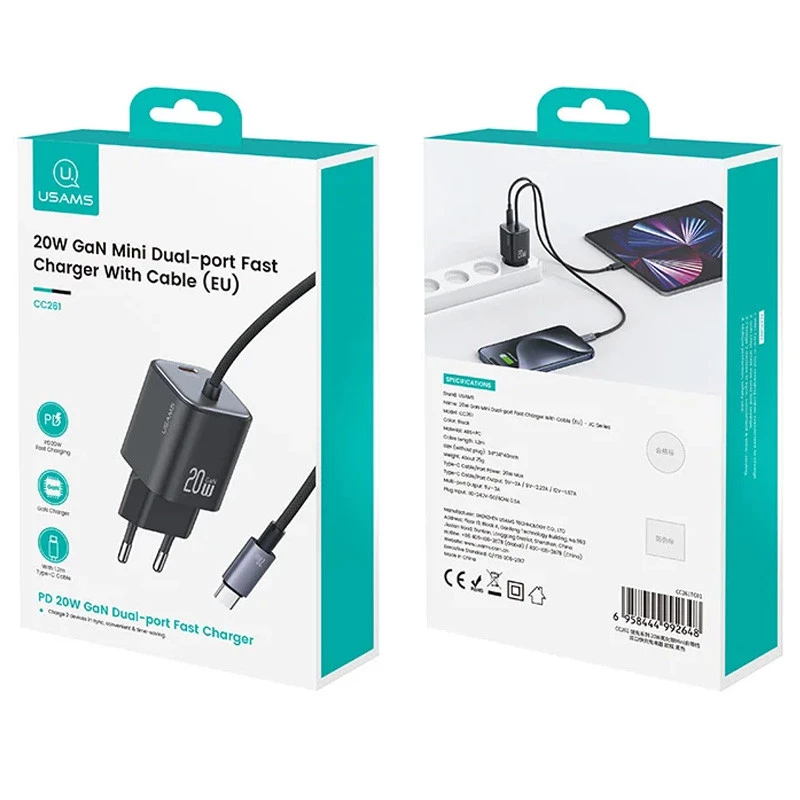 МЗП Usams US-CC261 GaN JC Ser. 20W (2USB-C) + кабель Type-C to Type-C – Black. Фото 4 з 8