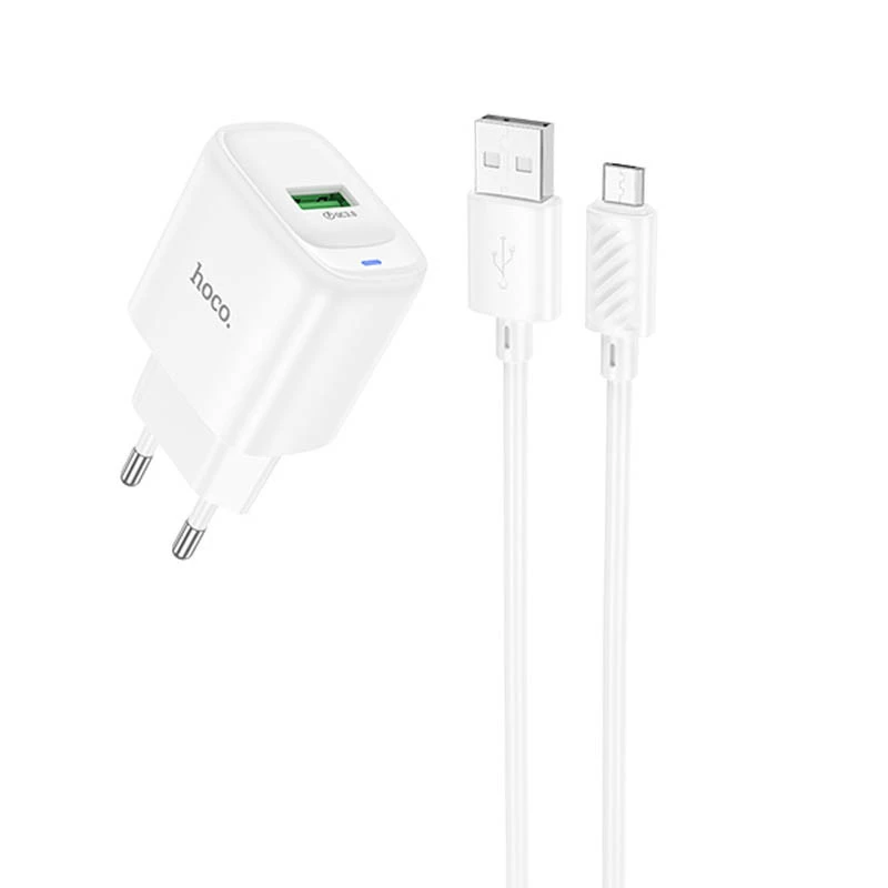 МЗП Hoco C140A Smart QC3.0 18W (1USB-A) + кабель USB to MicroUSB – White. Фото 3 з 5