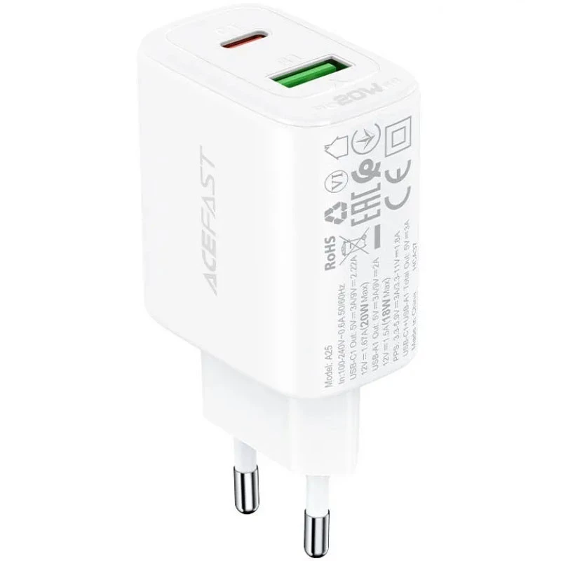 

СЗУ Acefast A25 PD20W (USB-C+USB-A) dual port (White)
