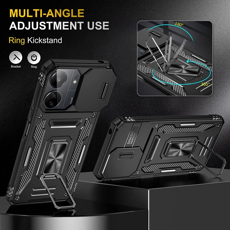 Ударостійкий чохол Square Ring зi шторкою на камеру на Xiaomi Redmi 13C – Чорний / Black. Фото 4 з 7