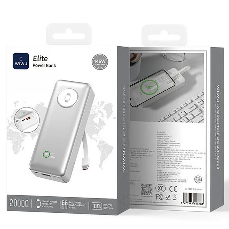 Портативний ЗП Power Bank WIWU Wi-P023 Elite 145W 20000 mAh – silver. Фото 2 з 5