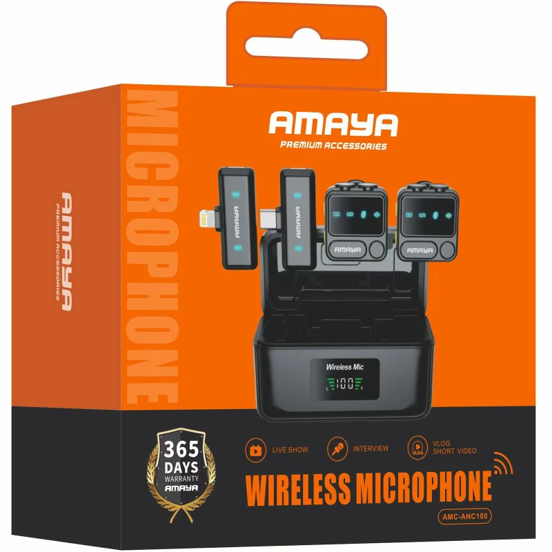 Петличный беспроводной микрофон Amaya ANC100 dual-mic 2in1 (Lightning/Type-C) – Black. Фото 2 из 2