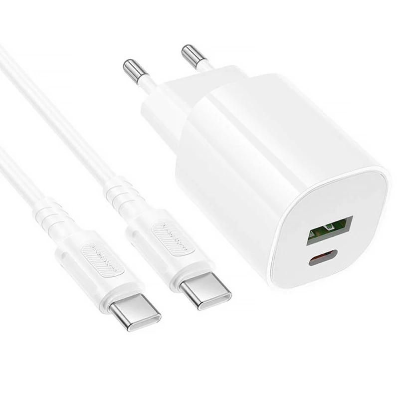 СЗУ Borofone BA104A Pudding PD20W+QC3.0 (1USB-A/1C) + кабель Type-C to Type-C – White. Фото 4 из 4