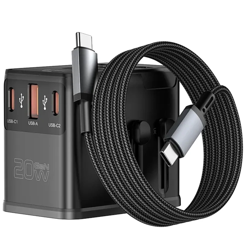 Мережевий універсальний перехідник WIWU UA013 20W GaN + 1USB-A/2C with retractable cable Type-C фото 1 з 1
