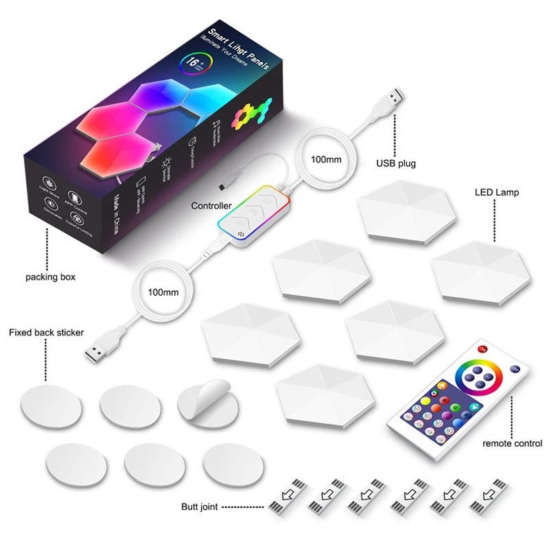 Модульный настінний світильник LED RGB 5V соты SAL-011B 6pcs Bluetooth USB with app – White. Фото 6 з 7