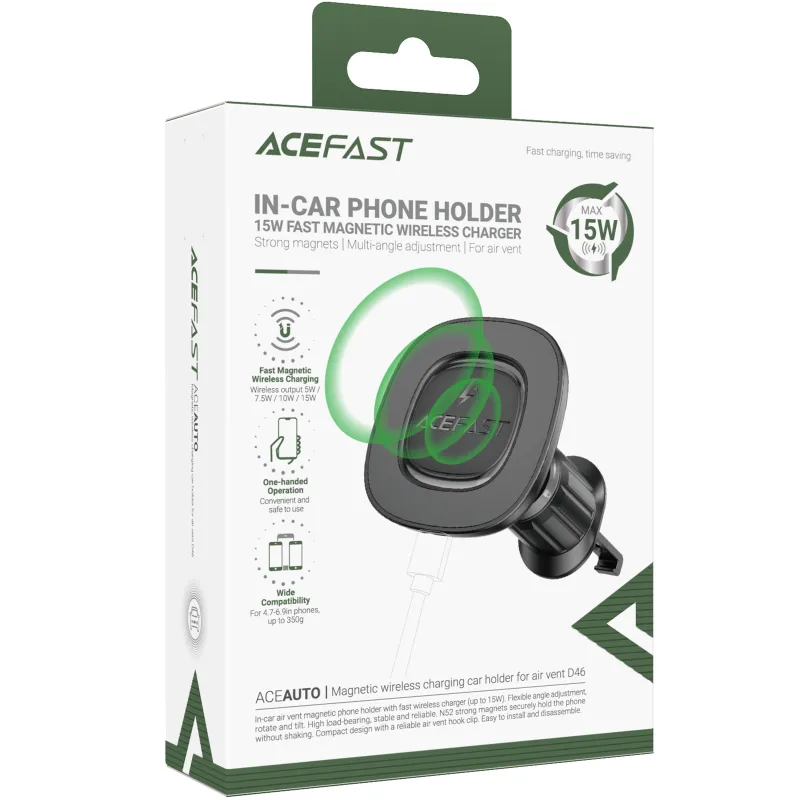 Автотримач з БЗП Acefast D46 QI2 Magnetic Charging 15W (air outlet) – Black. Фото 2 з 5