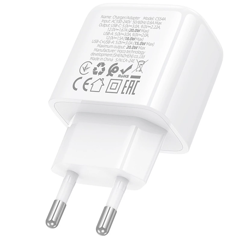 МЗП Hoco CS54A Surplus PD20W+QC3.0 (1USB-A/1C) – White. Фото 7 з 8