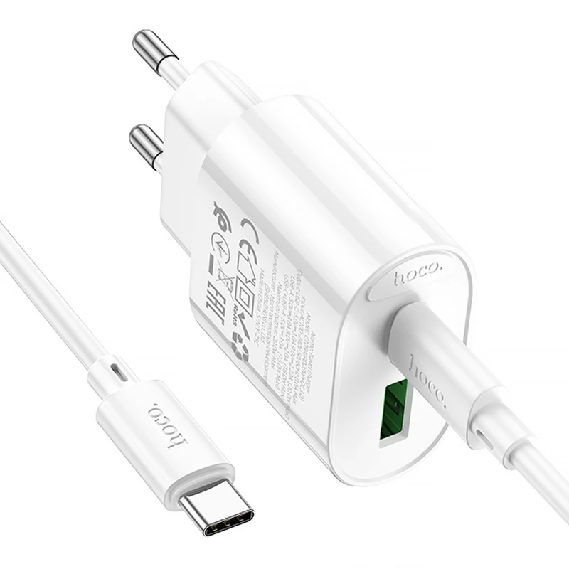 СЗУ Hoco C109A Fighter PD20W+QC3.0 (1USB-A/1C) + кабель Type-C to Type-C – White. Фото 4 из 6