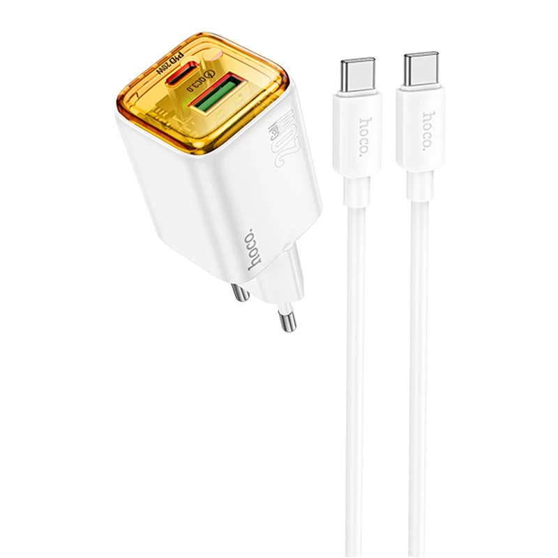 СЗУ Hoco N52 Monsoon PD20W+QC3.0 (1USB-A/1C) + кабель Type-C to Type-C – White. Фото 1 из 3