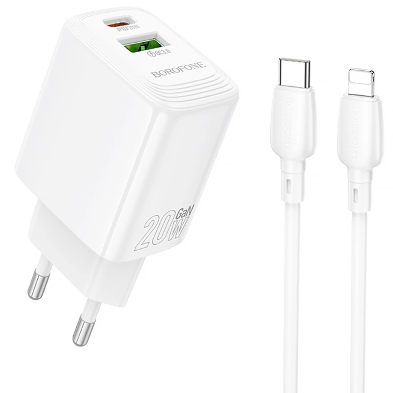 МЗП Borofone BN27 Fuente PD20W+QC3.0 (1USB-A/1C) + кабель Type-C to Lightning фото 1 з 1