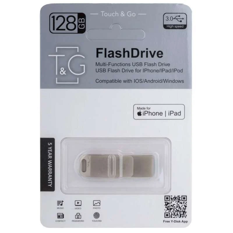 

Флеш-драйв T&G 008 Metal series USB 3.0 - Lightning 128GB (Срібний)