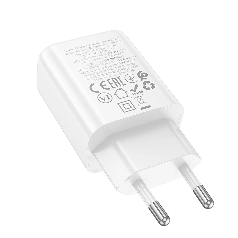 СЗУ Hoco N63 Gentle PD30W+QC3.0 (1USB-A/1C) + кабель Type-C to Type-C – White. Фото 4 из 6