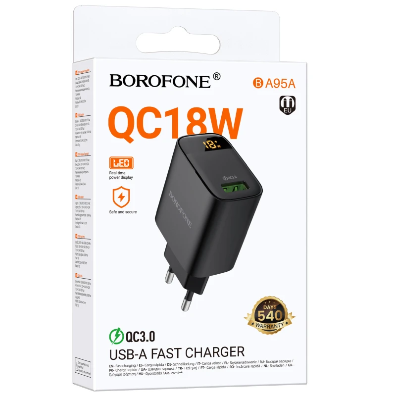 МЗП Borofone BA95A Ilustre QC3.0 (1USB-A) – Black. Фото 2 з 5