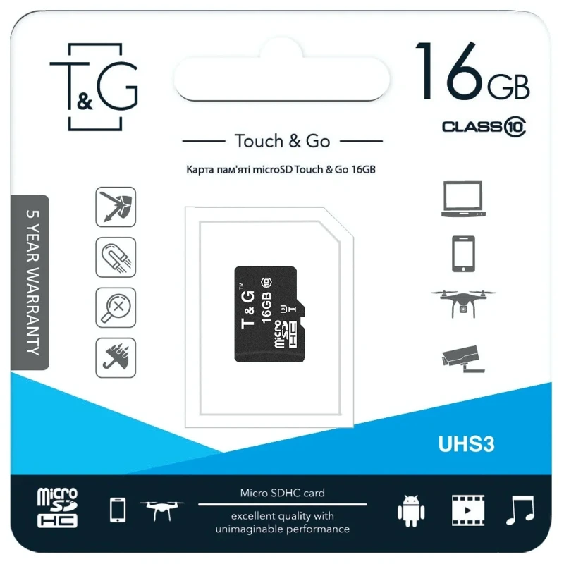 Карта памяти T&G (UHS-3) microSDHC Class 10 - 16GB (без адаптера) – Черный. Фото 2 из 2
